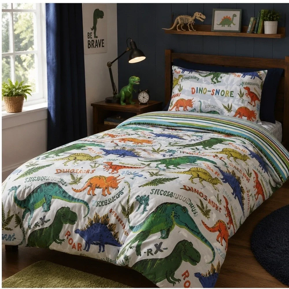 Happy Linen Company Duvet Cover Set Kids Single Multicolor New Dino Snore Print